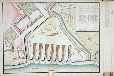 Plano de parte del puerto y la ciudad de Rochefort relacionado con las vías de varada propuestas entre la antigua forma y el canal de alimentos de Unknown artist