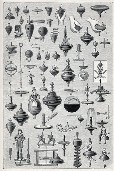 Placa que muestra una colección de hilanderos con diferentes formas y sistemas de rotación. de Unknown artist