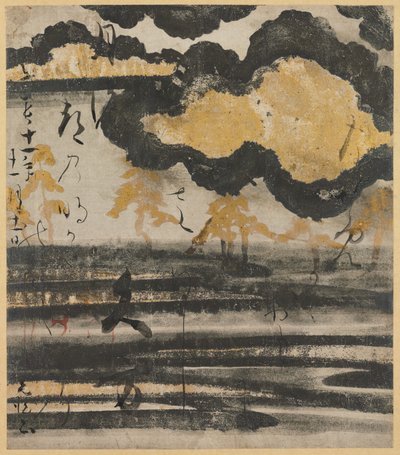 Poem-card from the Shinkokin wakashu (New Collection of Japanese Poems from Ancient and Modern Times) with Design of Pine on a Beach de Unknown artist