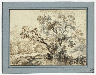 Estanque en un paisaje boscoso de Unknown artist