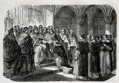 El Papa Adriano II (792-872) entregó a uno de sus legados una bula de excomunión contra Lord Normand. Grabado - en 
