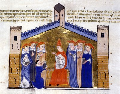 El Papa Juan XXII de Aviñón recibiendo del autor el aparato de Clemente V (Cisma). Manuscrito del siglo XV. Biblioteca Nazionale Braidense, Milán de Unknown artist