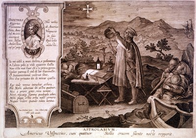 Retrato de Américo Vespucio (1454 - 1512), navegante italiano, representado mientras usa un astrolabio. En un recuadro a la izquierda hay un retrato de Dante Alighieri así como un pasaje del primer canto del Purgatorio de la Divina Comedia. Grabado del sig de Unknown artist