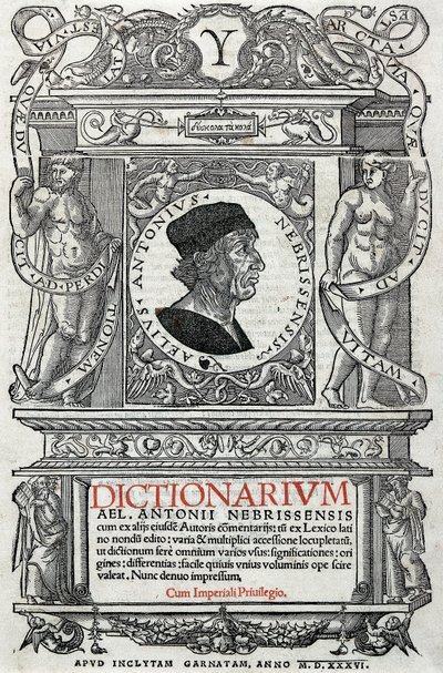 Retrato de Antonio Martínez de Cala, conocido como Antonio de Nebrija (1441-1522), humanista y gramático español. Guardapágina de su diccionario, publicado en 1536. Biblioteca Nacional de Madrid de Unknown artist