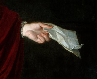 Retrato del Cardenal de Cambout de Coislin (1636-1706) obispo de Orleans, Prior de Longpont (detalle de la carta doblada que sostiene en su mano) de Unknown artist