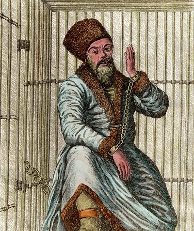 Retrato de Emelian Ivanovich Pugachev (1742-1775), líder cosaco durante la Guerra de los Campesinos Rusos de 1773-1775, encarcelado en su jaula y mostrado al pueblo de Unknown artist