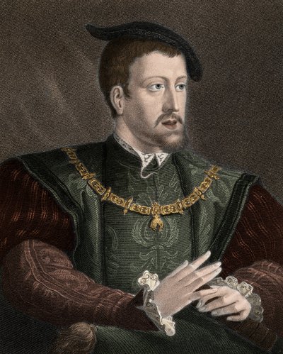 Retrato del Emperador Carlos V (1500-1558) con el collar de la Orden del Toisón de Oro - Carlos V (1500-1558) llevando la cadena de la Orden del Toisón de Oro alrededor de su cuello - grabado - siglo XIX de Unknown artist