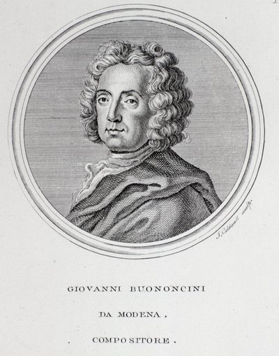 Retrato del compositor barroco italiano y violonchelista Giovanni Battista Bononcini (1670-1747). Grabado. Siglo XVIII. Bolonia, Civico museo bibliografico de Unknown artist