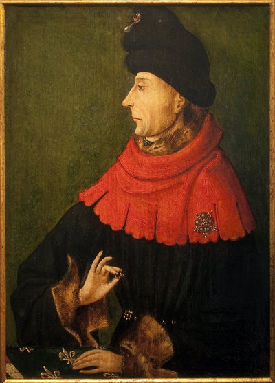 Retrato de Jean Sans Peur, Duque de Borgoña (1371-1419). El anillo que sostiene en su mano es el rubí de Borgoña comprado por Felipe el Audaz en 1397, que se conservó en la abadía de Saint Benigne en Dijon y fue entregado por el abad a cada nuevo duque de Unknown artist