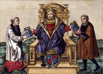Retrato del rey Enrique VIII de Inglaterra (1491 - 1547) en su trono, emitiendo la Biblia a dos cortesanos. Grabado coloreado. de Unknown artist