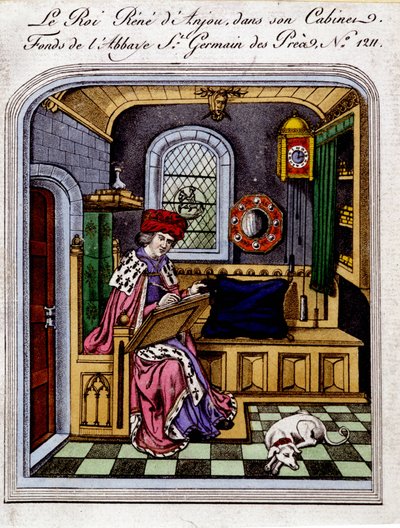 Retrato del Rey René de Anjou (1409-1480) también llamado René I de Nápoles o René de Sicilia, en su gabinete - grabado después de una miniatura de Unknown artist