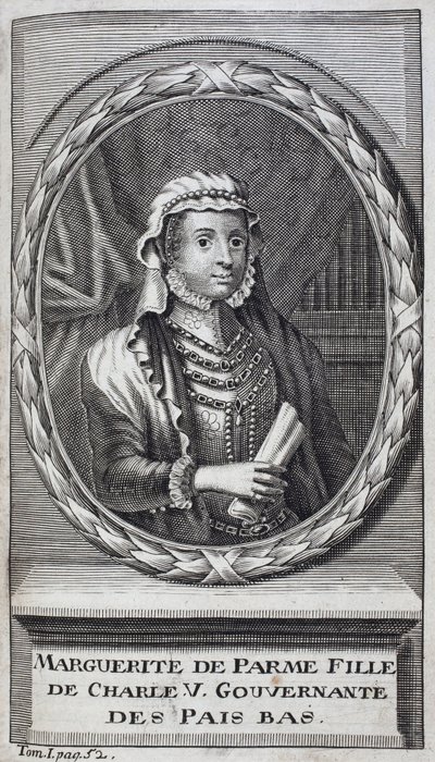 Retrato de Margarita de Parma (o Margarita de Austria) (1522-1586), Duquesa de Parma y Piacenza, hija natural de Carlos V (1500-1558) y gobernadora de los Países Bajos (Países Bajos) de 1559-1581. Grabado para ilustrar 