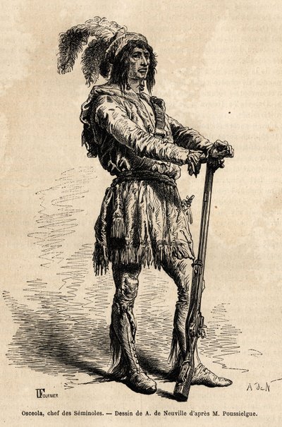 Retrato de Osceola (1804-1838), líder de los seminolas, a la cabeza de la resistencia india contra los Estados Unidos durante la Guerra de Florida (1835-1842). Grabado para ilustrar la historia cuatro meses en Florida, por Achille Pousselgue en 1851-1852 de Unknown artist