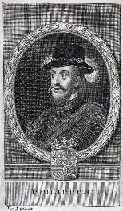 Retrato de Felipe II de España (1527-1598), Rey de España y Portugal. Grabado para ilustrar “Historia de la Guerra de Flandes” de Flamianus Strada de Unknown artist