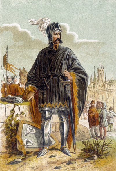 Retrato de Philip van Artevelde (1340-1382), político flamenco y líder de la revuelta de los tejedores de Gante contra el Conde Luis II de Flandes conocido como Luis de Male o Maele (1381). Fue derrotado y asesinado en la Batalla de Rozebeke (1382). Cromo de Unknown artist