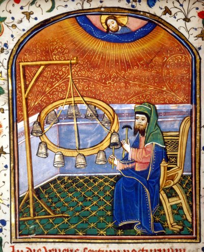 Retrato de Pitágoras (ca. 570 - alrededor de 480 a.C.), matemático y filósofo griego, tocando un instrumento de percusión (campanas), miniatura del siglo XV. de Unknown artist