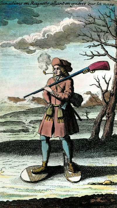 Retrato de un canadiense con raquetas de nieve en la nieve yendo a la guerra. Grabado del siglo XVIII. de Unknown artist