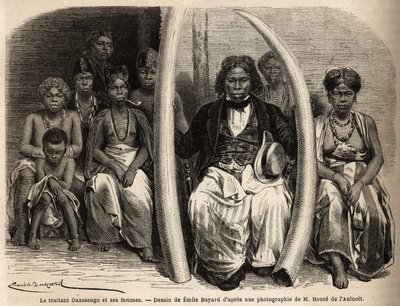 Retrato de un comerciante de marfil africano, rodeado de sus esposas. Dibujo de Emile Bayard (1837-1891), para ilustrar el viaje a Gabón, en 1861-64, del Doctor Griffon du Bellay. Grabado en “Le tour du monde”, editado por Edouard Charton de Unknown artist