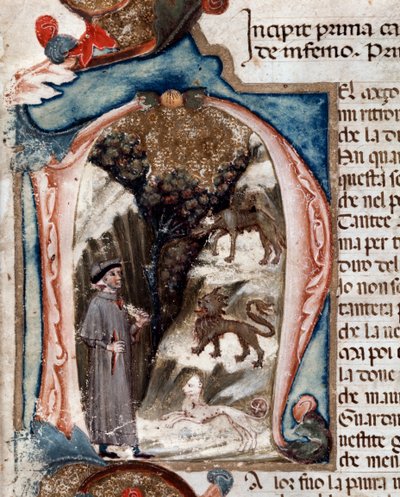 Retrato del poeta italiano Dante Alighieri con bestias - miniatura de Unknown artist