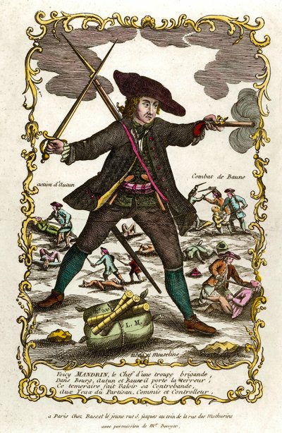 Retrato del bandido francés Louis Mandrin (ca. 1725-1755). Detrás de él, la acción de Autun y la lucha de Baune. Grabado del siglo XVIII. Colección privada de Unknown artist