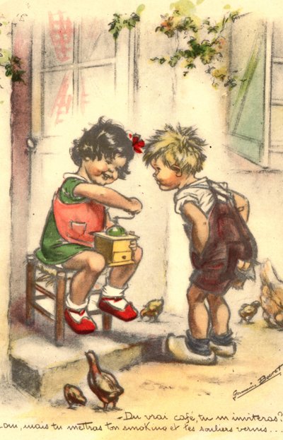 Postal, Kitsch, dos niños con un molinillo de café, niña y niño de Unknown artist