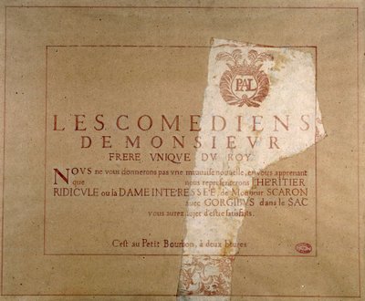 Cartel de la compañía teatral “Les comediens de Monsieur” anunciando la representación de “L