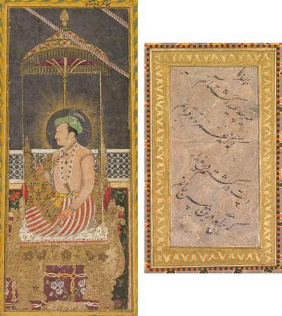Retrato póstumo del emperador Jahangir bajo un dosel (anverso); Caligrafía (verso) de Unknown artist