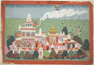 Pradyumna entra en el palacio del demonio Sambar y lo desafía a la batalla, página de un manuscrito disperso del Bhagavata Purana de Unknown artist