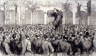 Predicación de un monje capuchino a los peregrinos que llegaron a Lourdes en los Altos Pirineos donde la Virgen se apareció a Bernadette Soubirous en 1858, lugar actual de peregrinación. Grabado de 1877 de Unknown artist