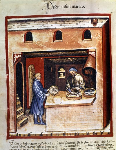 Preparación de pescado marino en vinagre. Iluminación de la leche de medicina y dietética "Tacuinum sanitatis" de Unknown artist