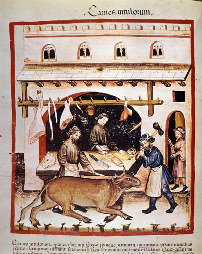 Producción y venta (carnicería) de carne de res: una res es aturdida. Iluminación del libro de medicina y dietética “Tacuinum sanitatis” de Unknown artist