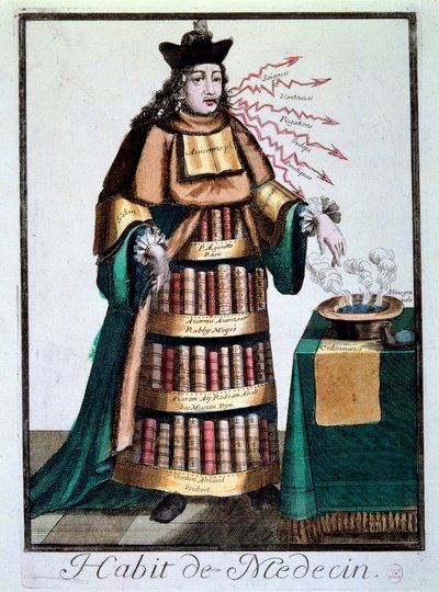 Profesión: el vestido del doctor. Un hombre con los libros de Galieno, Avicena designando un recipiente con un líquido, una receta y citando tratamientos. Grabado del siglo XVIII París, Museo Carnavalet de Unknown artist
