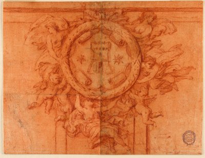 Proyecto para una decoración de pared (figuras femeninas y putti sostienen un medallón circular con escudo de armas) de Unknown artist