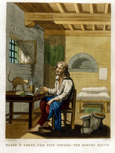 Proverbio ilustrando la avaricia: "Vivir pobre para morir rico". de Unknown artist