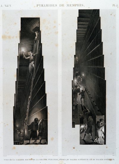 Pirámides de Menfis: vista de la galería superior de la Gran Pirámide, tomada desde el soporte superior e inferior - en “Descripción de Egipto”, Ediciones Imperiales de Unknown artist