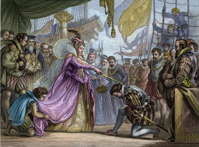 La reina Isabel I (1530-1603) nombrando caballero a Francis Drake (1540-96) de Unknown artist