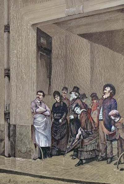Tiempo lluvioso, gente de pie bajo un tejado esperando a que deje de llover, pintura de A. Bellet de Unknown artist