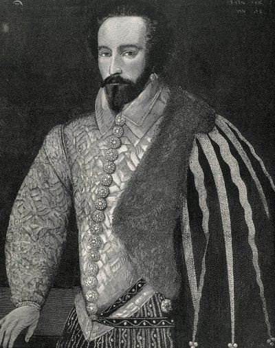 Raleigh, Sir Walter (1554-1618). Navegante, explorador y corredor de bolsa inglés. Retrato de Sir Walter Raleigh. Grabado en 1891, realizado a partir de un original anónimo que se conserva en la National Portrait Gallery de Londres. Grabado. de Unknown artist