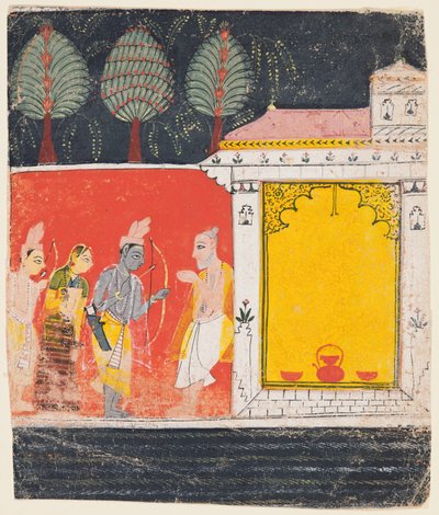 Rama, Sita y Lakshmana visitan la Ermita del Sabio Bharadwaja en Prayag, del Ramayana de Unknown artist