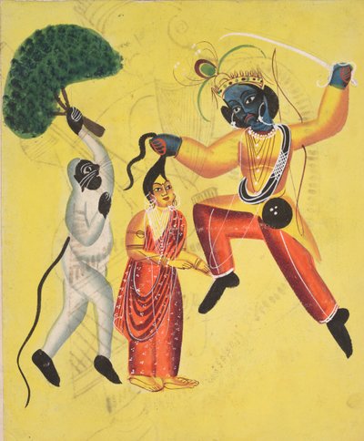 Rama y Hanuman, sosteniendo un árbol arrancado, rescatan a Sita (anverso) de Unknown artist