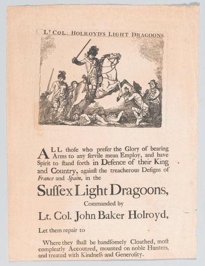 Cartel de reclutamiento para los Dragones Ligeros del Teniente Coronel Holroyd, circa 1780 de Unknown artist