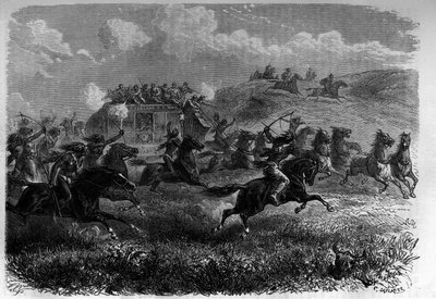Jinetes pieles rojas atacando una diligencia en la pradera. Grabado en "Le journal de la jeunesse" de Unknown artist