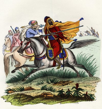 Jinetes rojos del Emir Abd-el-Kader huyendo frente a los cazadores del ejército francés de África en Orán en 1841. En “Storia d