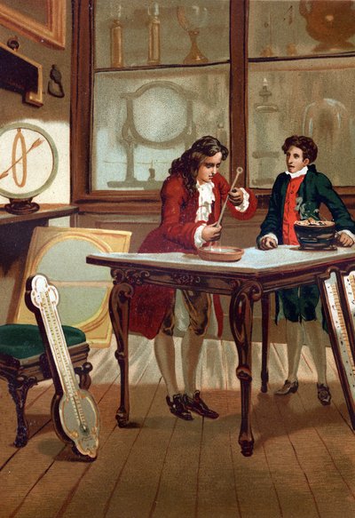 René Antoine Ferchault de Réaumur (1683-1757), químico y físico francés, construyendo su termómetro en 1730. después de “La Ciencia y sus Hombres” por Louis Figuier. Barcelona 1881 de Unknown artist