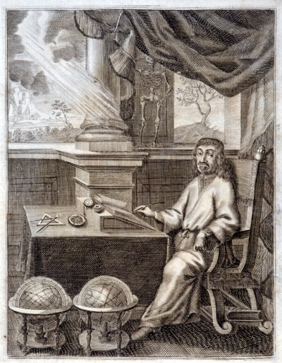 René Descartes (1596 - 1650) en su oficina con equipo científico. Grabado del siglo XVII. de Unknown artist
