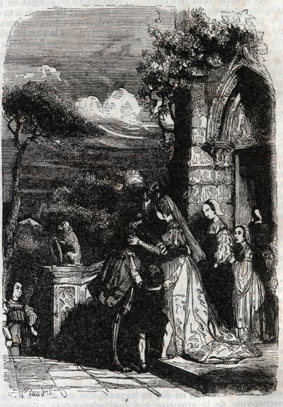 Renaud regresando a su familia - grabado de 1851 de “Roland Furioso” de Unknown artist