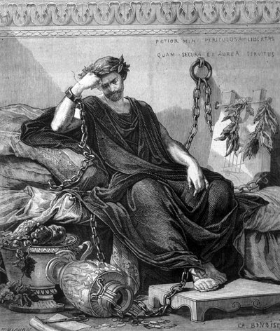 Representación de Damocles encadenado entre los víveres del banquete durante el cual Dionisio el Viejo le colgó una espada sobre su cabeza para mostrarle la fragilidad de la felicidad. Grabado del siglo XIX de Unknown artist