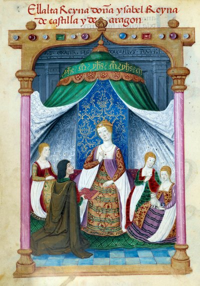 Representación de la reina Isabel de Portugal rodeada de sus compañeras y Pedro Marcuello que le ofrece su libro de Unknown artist