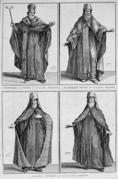 Representación de un obispo de Moscú en vestimenta ordinaria y ceremonial. Grabado de Unknown artist