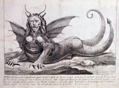 Representación de una arpía, un monstruo encontrado en un lago peruano de Unknown artist